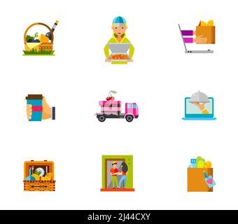 Food delivery icon set. Basket With Wine And Cheese Pizza Delivery Ordering Food Online Hand Holding Disposable Cup Cake Delivery By Truck Picnic Bask Stock Vector