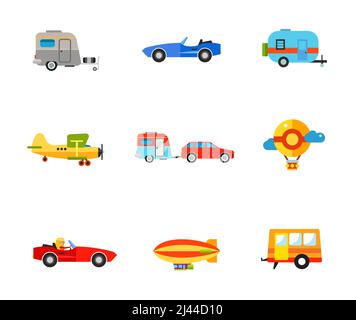 Transportation icon set. Caravan Cabriolet Biplane Caravan Travel Car Air Balloon Woman in Cabriolet Air Ship Trailer Stock Vector
