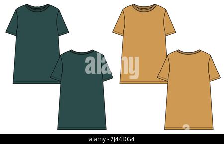 Short Sleeve T-Shirt overall technical Fashion Flat Sketch vector template for Women's. Apparel design blank t shirt mock up front, back views isolat Stock Vector