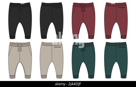 Basic Sweat pant technical fashion flat sketch template front and back views. Apparel Fleece Cotton jogger pants vector illustration drawing mock up f Stock Vector