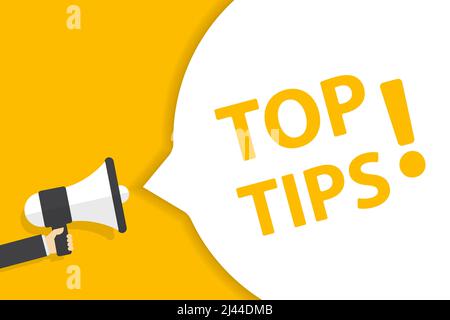 hand holding megaphone with top tips speech bubble banner vector with copy space for business, marketing, flyers, banners, presentations and posters. Stock Vector
