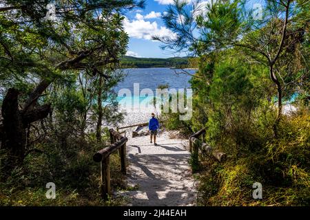 A woman walks down stairs towards the famous Lake McKenzie on Fraser Island in Queensland, Australia Stock Photo