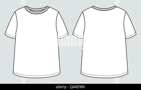 Short sleeve round neck Technical Sketch flat fashion T-shirt Template for girls 2-6 years. Apparel dress design CAD Mock up Vector Illustration Graph Stock Vector