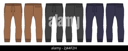 Multi color Set of collection Basic Sweat pant technical fashion flat sketch template front and back views. Apparel Fleece Cotton jogger pants vector Stock Vector