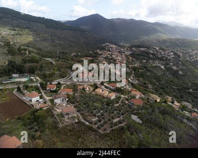 Aerial view on green Monti Aurunci national park with olive tree plantations near Fondi, Lazio, Italy in autumn Stock Photo