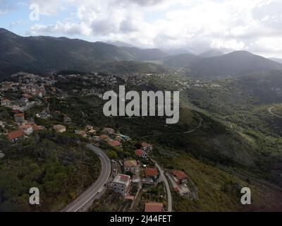 Aerial view on green Monti Aurunci national park with olive tree plantations near Fondi, Lazio, Italy in autumn Stock Photo