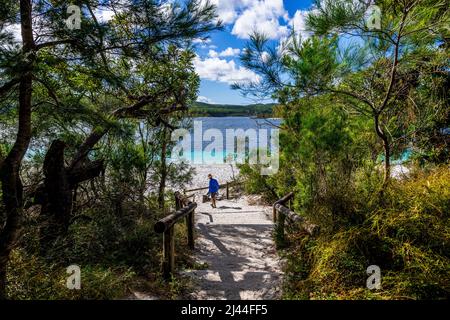 A woman walks down stairs towards the famous Lake McKenzie on Fraser Island in Queensland, Australia Stock Photo