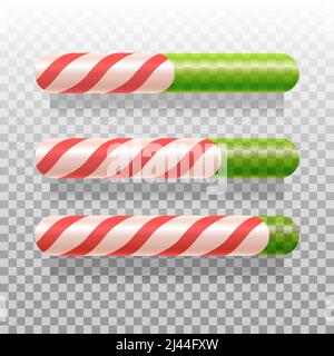 Vector illustration of three candy cane progress bars. Loading, sugar level, indicator. Christmas concept. Can be used for greeting card, posters, web Stock Vector