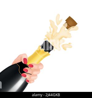 Illustration of champagne bottle in woman hand with cork opening. New Year, party, victory, event. Celebration concept. Design element for greeting ca Stock Vector