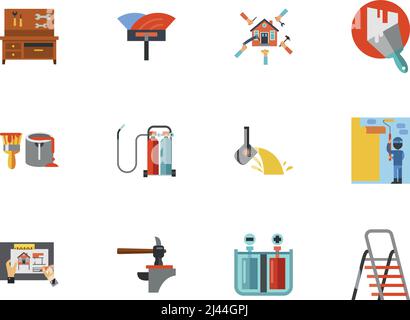 Construction Icon Set. Workbench Spatula For Installation Floor Renovation Plastered Wall Paint Can Oxy Fuel Welding Melting Iron House Remodeling Ham Stock Vector