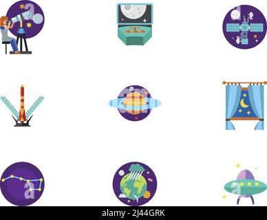 Cosmos Icon Set. Astronomy Scientist Spacecraft Control Space Station Shuttle Launch Planet Saturn Night Behind Window Constellation Earth In Space Al Stock Vector
