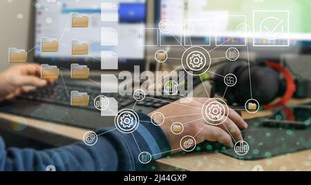 Document management, online database and documentation, digital file storage, software, record keeping, database technology, file access. Stock Photo