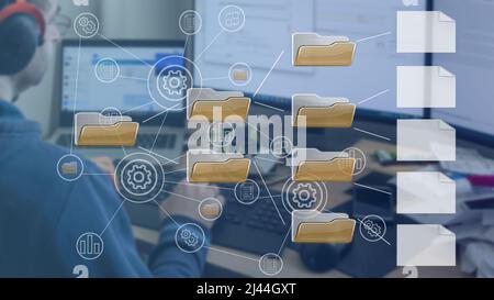 Document management, online database and documentation, digital file storage, software, record keeping, database technology, file access. Stock Photo