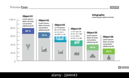 Six columns bar chart slide template. Business data. Percentage, declining, design. Creative concept for infographic, presentation, report. Can be use Stock Vector