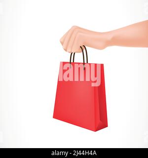 Hand holding red paper bag. Design element for posters, leaflets and brochures. Stock Vector