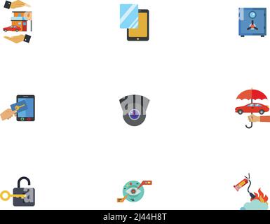 Guard Icon Set. Home Insurance Protector Glass Safe System Of Protection Security Camera Protection Concept Lock With Key Eye Tap Extinguisher Protect Stock Vector
