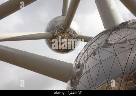 Close-up of Atomium monument in Brussels Belgium on a gray misty day Stock Photo