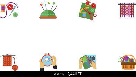 Needlework Icon Set. Spool Needle And Buttons Pincushion With Pins Needlework Macrame Knitting Needles With Yarn Embroidery Hands Cutting Applique Bas Stock Vector