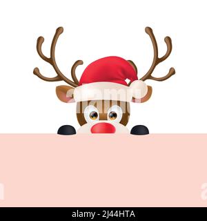 Cute reindeer wearing Santa Claus hat and peeping out. Christmas design element. For greeting cards, posters, leaflets and brochures. Stock Vector