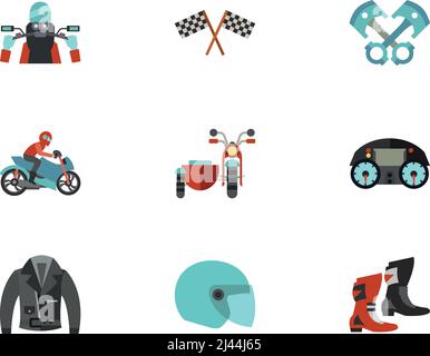 Motorcycling Icon Set. Biker Riding Motorcycling Racing Flag Piston Engine Motorcyclist On Bike Motorcycle With Sidecar Motorcycle Dashboard Leather J Stock Vector