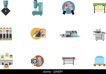 Print Media Production Icon Set. Laser Cutting Automatic Hammer Color Selection Cutting Plotter Ink Jet Label Printer Large Printer Multifunctional Pr Stock Vector