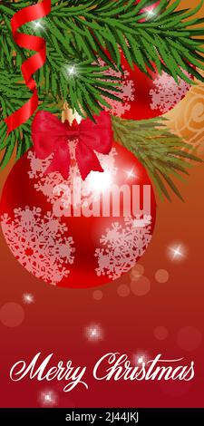Merry Christmas lettering with baubles on fir branch on red background. Celebration, festival, congratulation. Holiday concept. Can be used for greeti Stock Vector