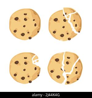 Traditional cookies with chocolate crisps. Bitten, broken, cookie crumbs. Freshly baked choco cookie icon set. Vector Stock Vector