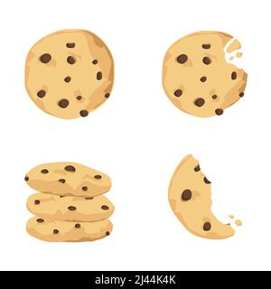 Traditional cookies with chocolate crisps. Bitten, broken, cookie crumbs. Freshly baked choco cookie icon set. Vector Stock Vector