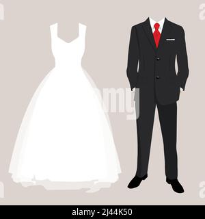 Wedding card clothes of the bride and groom. Beautiful wedding dress and suit. Vector Stock Vector