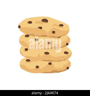 Traditional cookies with chocolate crisps. Bitten, broken, cookie crumbs. Freshly baked choco cookie icon set. Vector Stock Vector