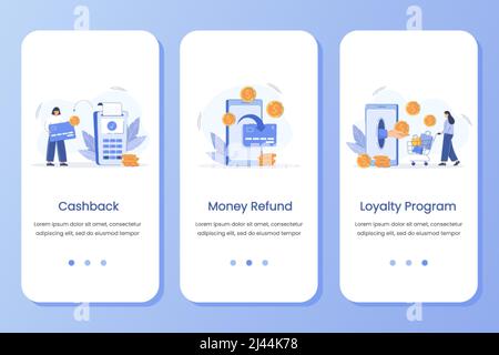 Onboarding screen ui with cashback, money refund and loyalty program digital concepts. Vector banner template for website, mobile development or phone app. Flat customer receive reward and save cash. Stock Vector