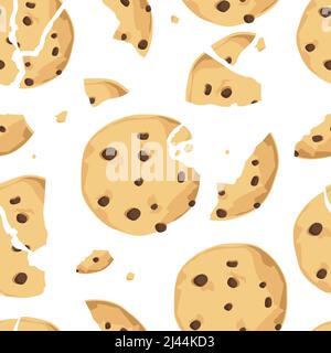 Seamless pattern, background with traditional cookies with chocolate crisps. Bitten, broken, cookie crumbs. Freshly baked choco cookie. Vector Stock Vector