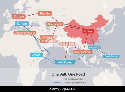 One Belt, One Road, Chinese strategic investment in the 21st century map. Stock Vector