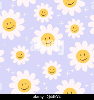 70’s cute seamless smiling daisy pattern with  flowers. Floral hippie funky vector background. Perfect for creating fabrics, textiles, wrapping paper, Stock Vector