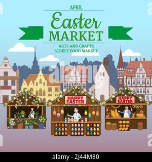 Easter Market poster, Holiday City Spring Fair, wooden stalls decorated flowers, colored Easter eggs, bunny, baking. Europe architecture background Stock Vector