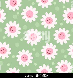 70’s cute seamless smiling daisy repeat pattern with  flowers. Floral hippie pastel vector background. Perfect for creating fabrics, textiles, wrappin Stock Vector