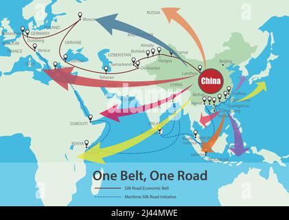 One Belt, One Road, Chinese strategic investment in the 21st century map. Chinese words on the map are the name such like china, one belt one road, Eu Stock Vector