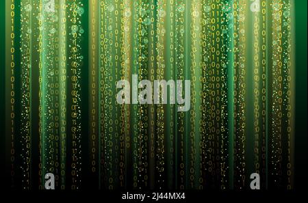 Technology Binary abstract background, matrix style, green color, falling numbers. Digital binary data flow dust on screen. Programming concept Stock Vector