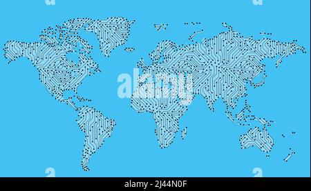 World wide internet network with circuit board. Social communications background. Earth map. Vector illustration Stock Vector