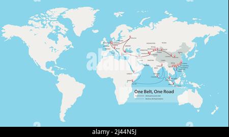 One Belt, One Road, Chinese strategic investment in the 21st century map. Stock Vector