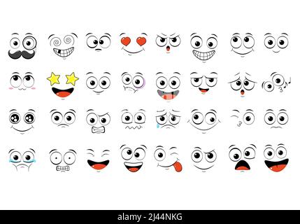 Collection of emoticons with different mood. Set of smile cartoon emoji faces in different expressions - happy, sad, cry, fear, crazy. On white backgr Stock Vector