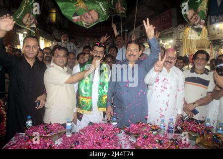 Lahore, Punjab, Pakistan. 13th Aug, 2015. Pakistani Supporters of Pakistan Muslim League (PMLN) and newly elected Pakistan's Prime Minister Shehbaz Sharif, gather to celebrate near their party office in Lahore. Pakistan lawmakers on April 11, 2022 elected Shehbaz Sharif as the country's 23RD new prime minister following the weekend ouster of Imran Khan, who resigned his national assembly seat along with most of his party members ahead of the vote. (Credit Image: © Rana Sajid Hussain/Pacific Press via ZUMA Press Wire) Stock Photo