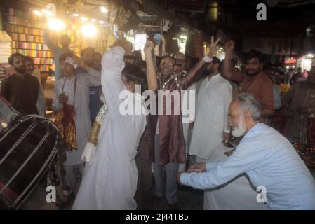 Lahore, Punjab, Pakistan. 13th Aug, 2015. Pakistani Supporters of Pakistan Muslim League (PMLN) and newly elected Pakistan's Prime Minister Shehbaz Sharif, gather to celebrate near their party office in Lahore. Pakistan lawmakers on April 11, 2022 elected Shehbaz Sharif as the country's 23RD new prime minister following the weekend ouster of Imran Khan, who resigned his national assembly seat along with most of his party members ahead of the vote. (Credit Image: © Rana Sajid Hussain/Pacific Press via ZUMA Press Wire) Stock Photo