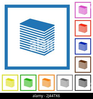 Paper stack solid flat color icons in square frames on white background Stock Vector