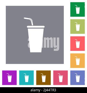 Disposable drinking cup with straw flat icons on simple color square backgrounds Stock Vector