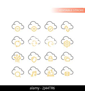 Cloud data storage vector icon set. Upload, download service sharing outline icons. Stock Vector