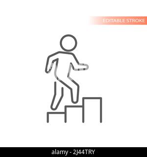 Man climbing stairs line vector icon. Business growth and career success outline symbol. Stock Vector