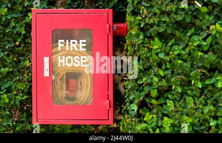 Red fire hose hangs on a stone wall in an exotic hotel. Fire extinguishers and security. High quality photo Stock Photo