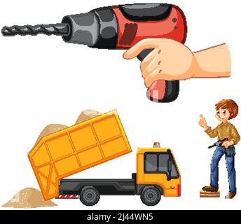 Set of construction site objects and workers illustration Stock Vector