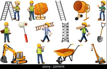 Set of construction site objects and workers illustration Stock Vector